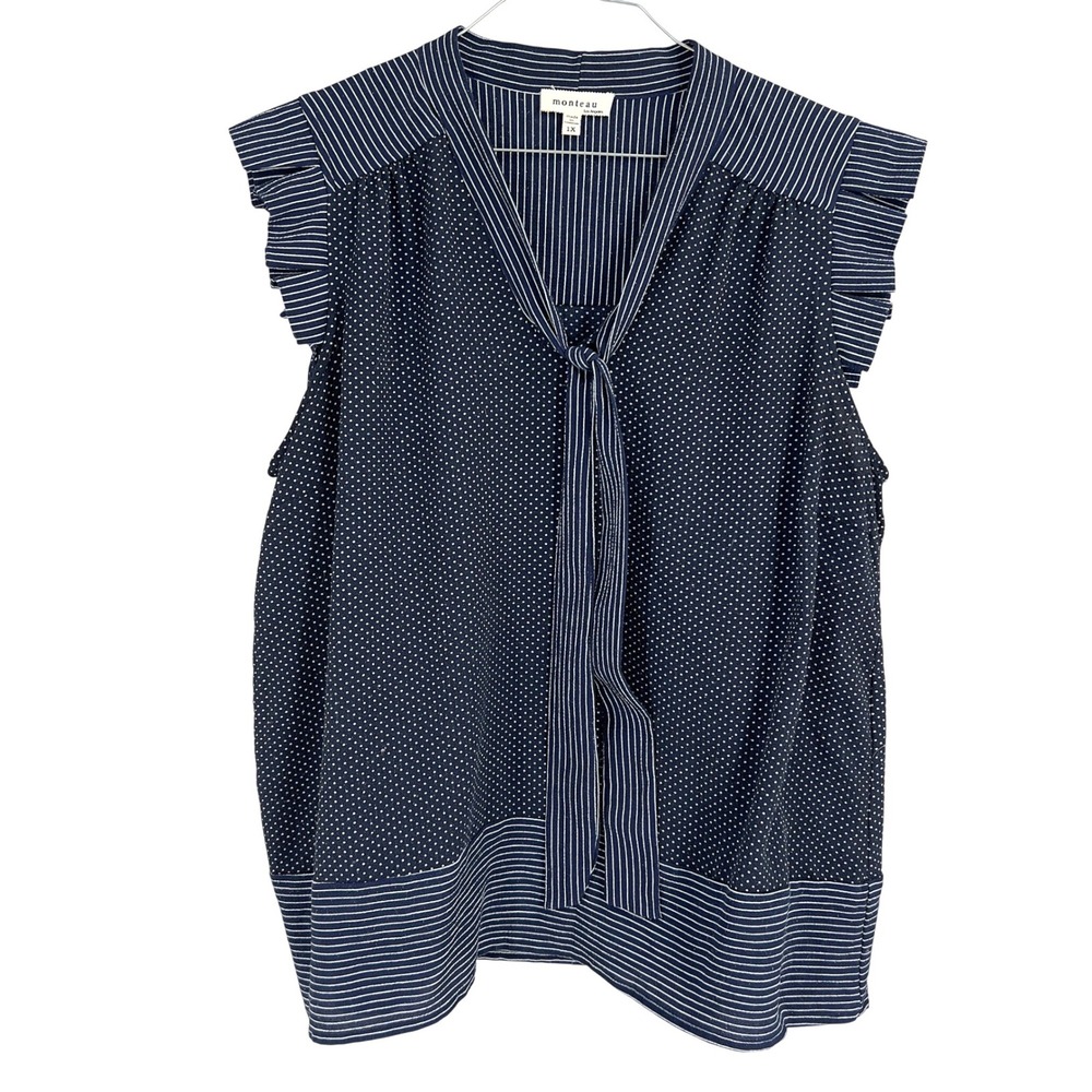 Monteau Women Blouse Navy Polka Dot Striped Ruffle Tie Neck Top Plus Size 1X